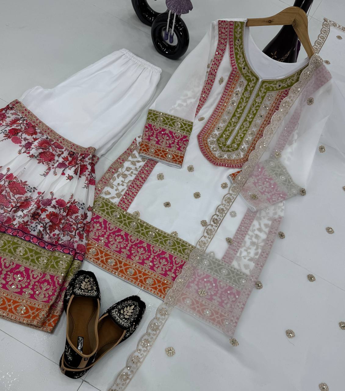 Stunning Embroidery Work White Color Palazzo Suit