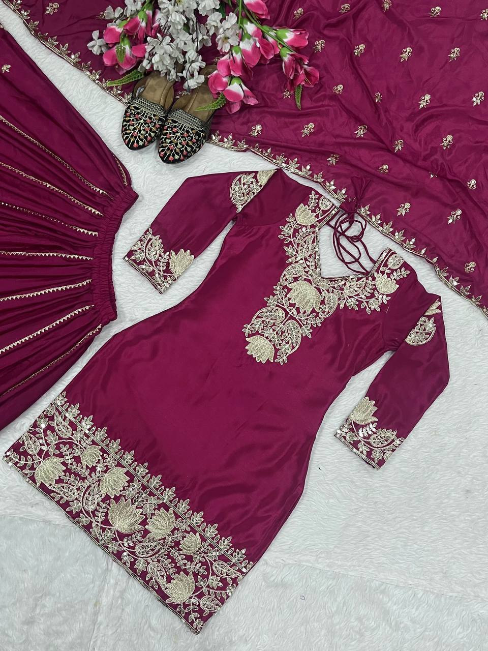 Function Wear Heavy Work Wine Color Sharara Suit