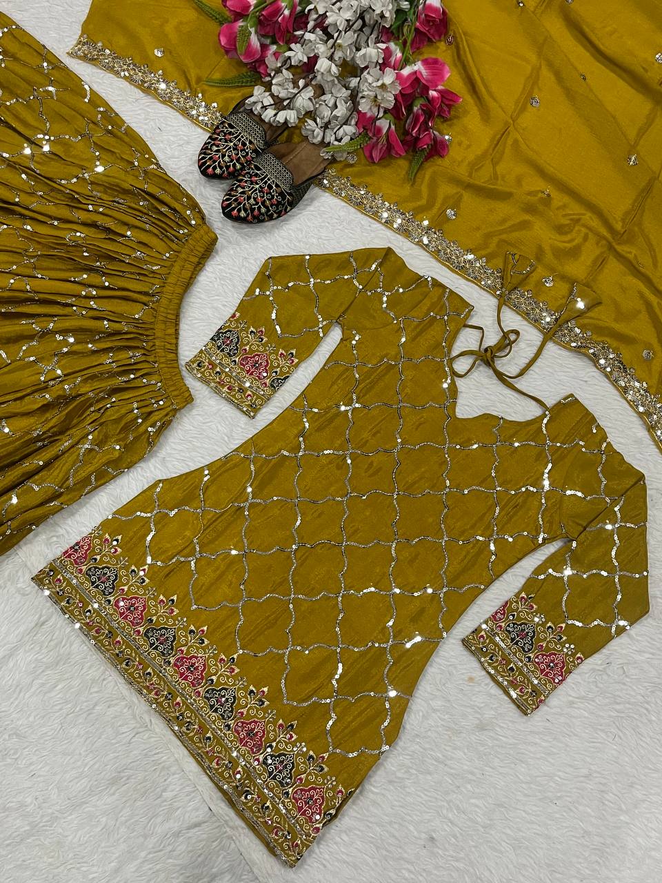 Full Sequence Work Heavy Mustard Color Sharara Suit