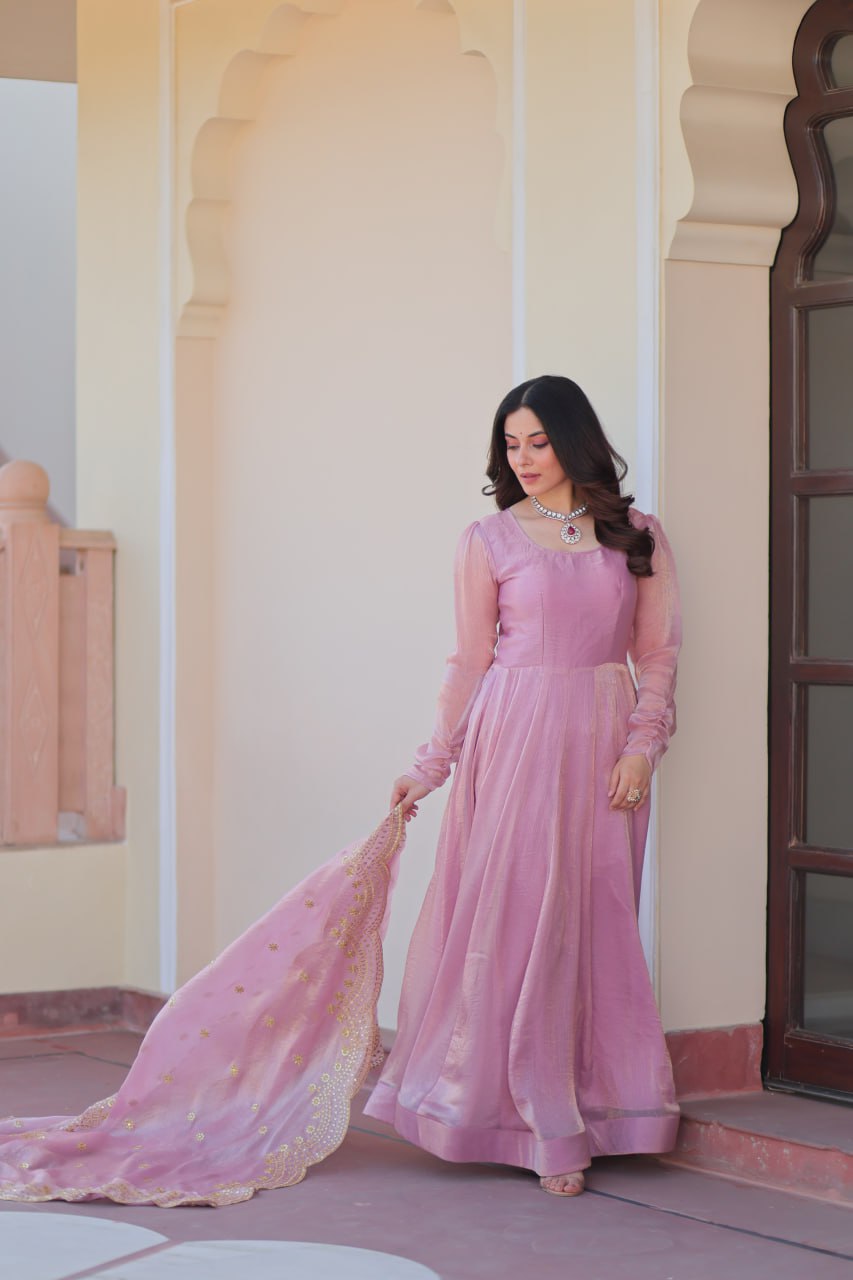 Good Looking Embroidered Work Pink Color Gown