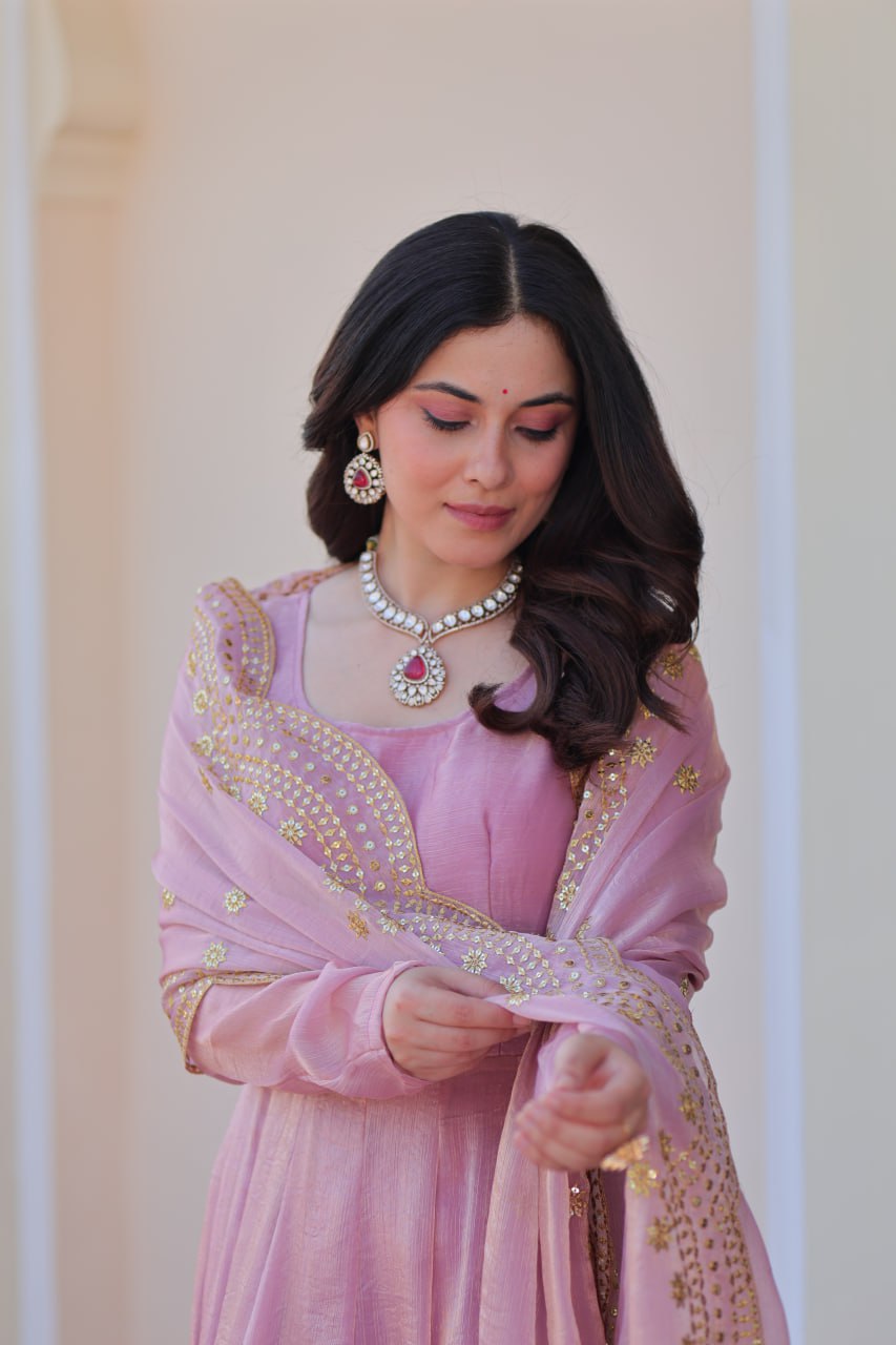 Good Looking Embroidered Work Pink Color Gown