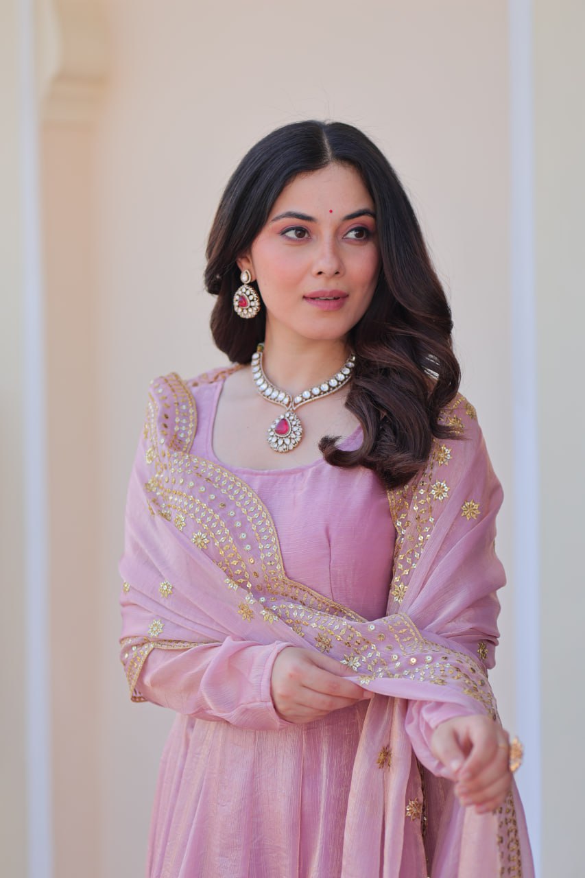 Good Looking Embroidered Work Pink Color Gown
