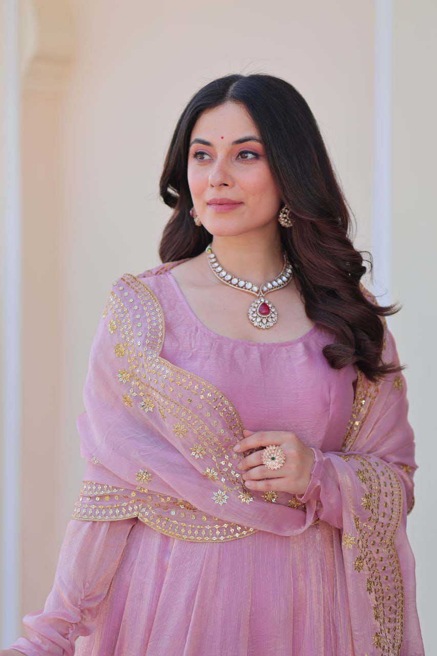 Good Looking Embroidered Work Pink Color Gown