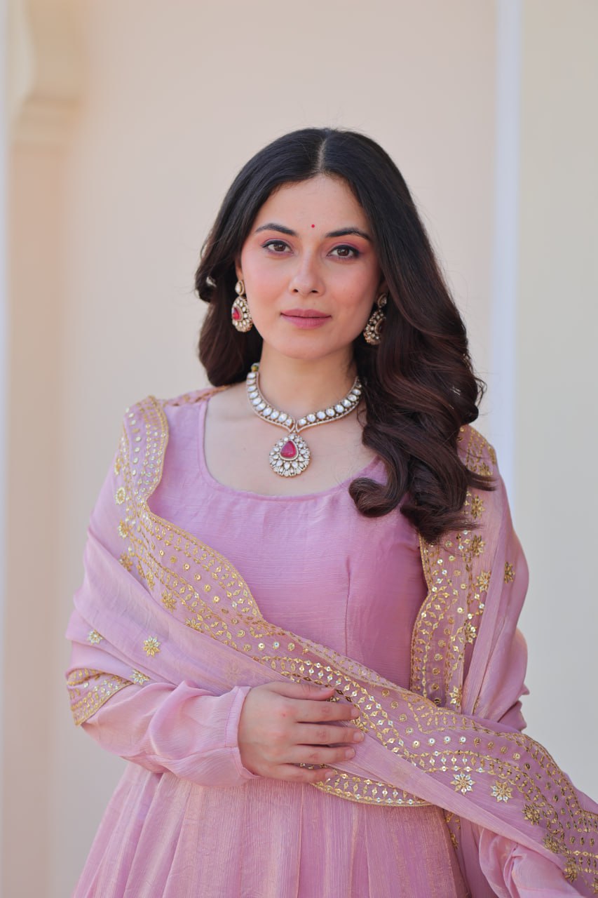 Good Looking Embroidered Work Pink Color Gown