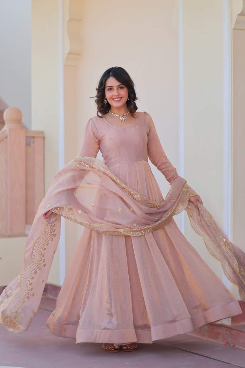 Good Looking Embroidered Work Peach Color Gown