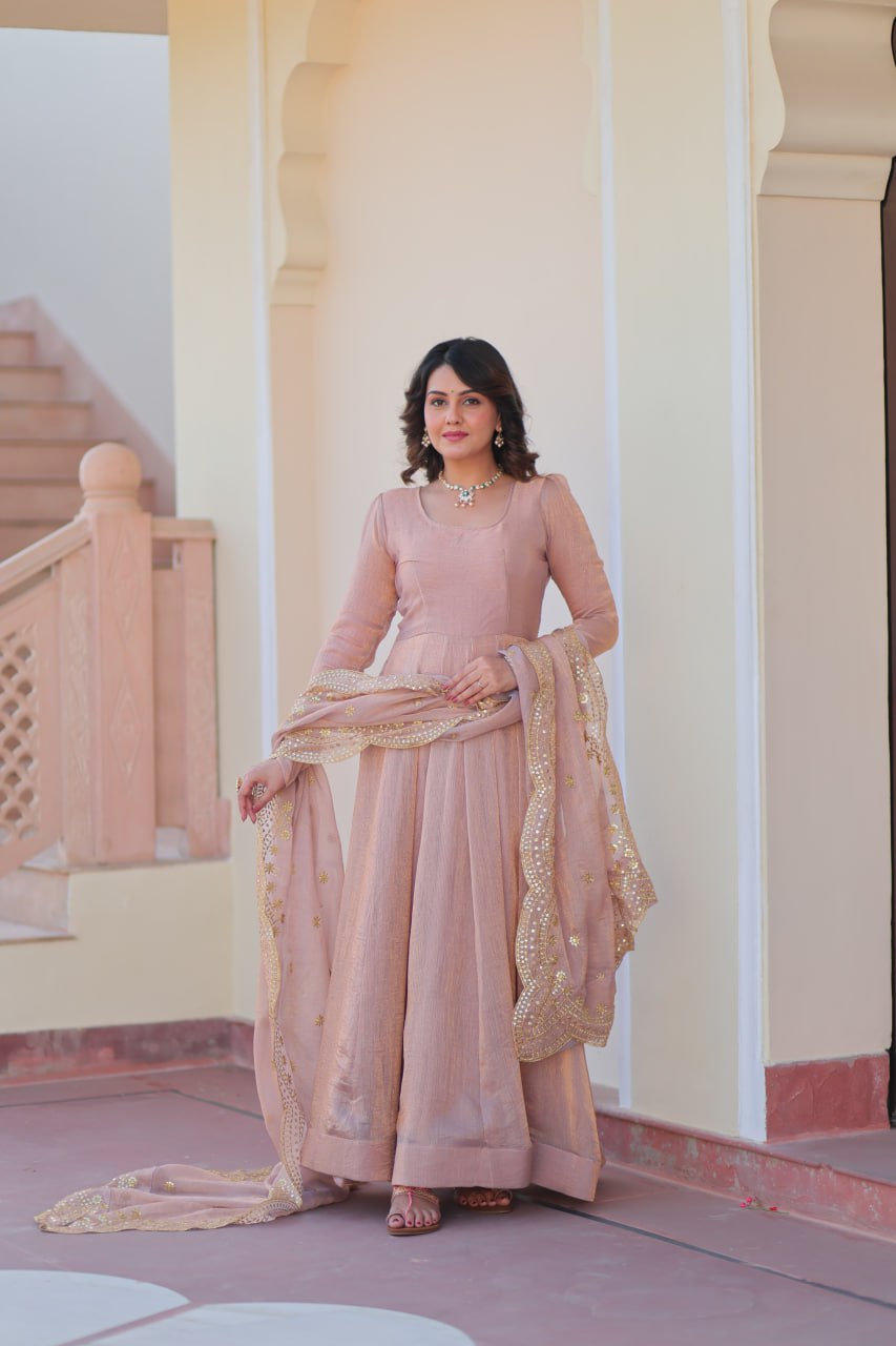 Good Looking Embroidered Work Peach Color Gown