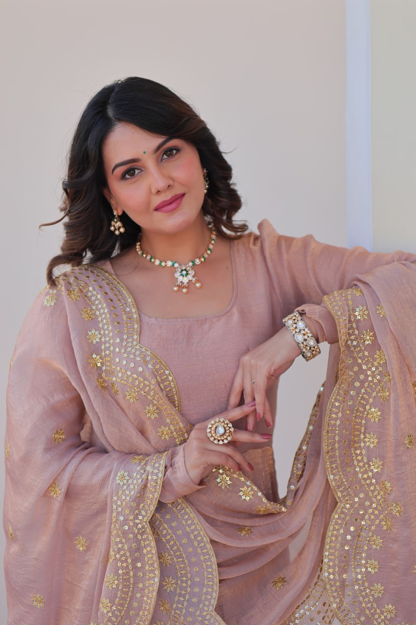 Good Looking Embroidered Work Peach Color Gown