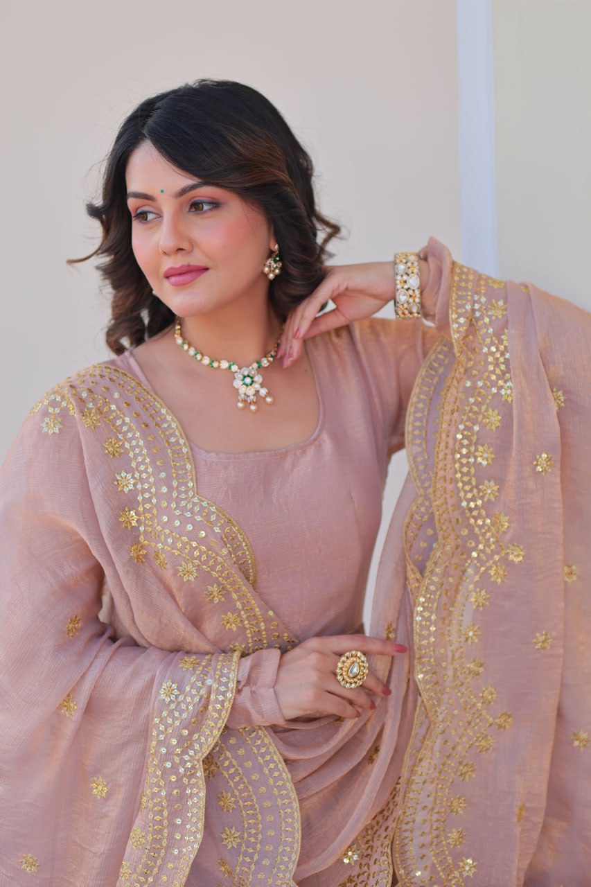 Good Looking Embroidered Work Peach Color Gown