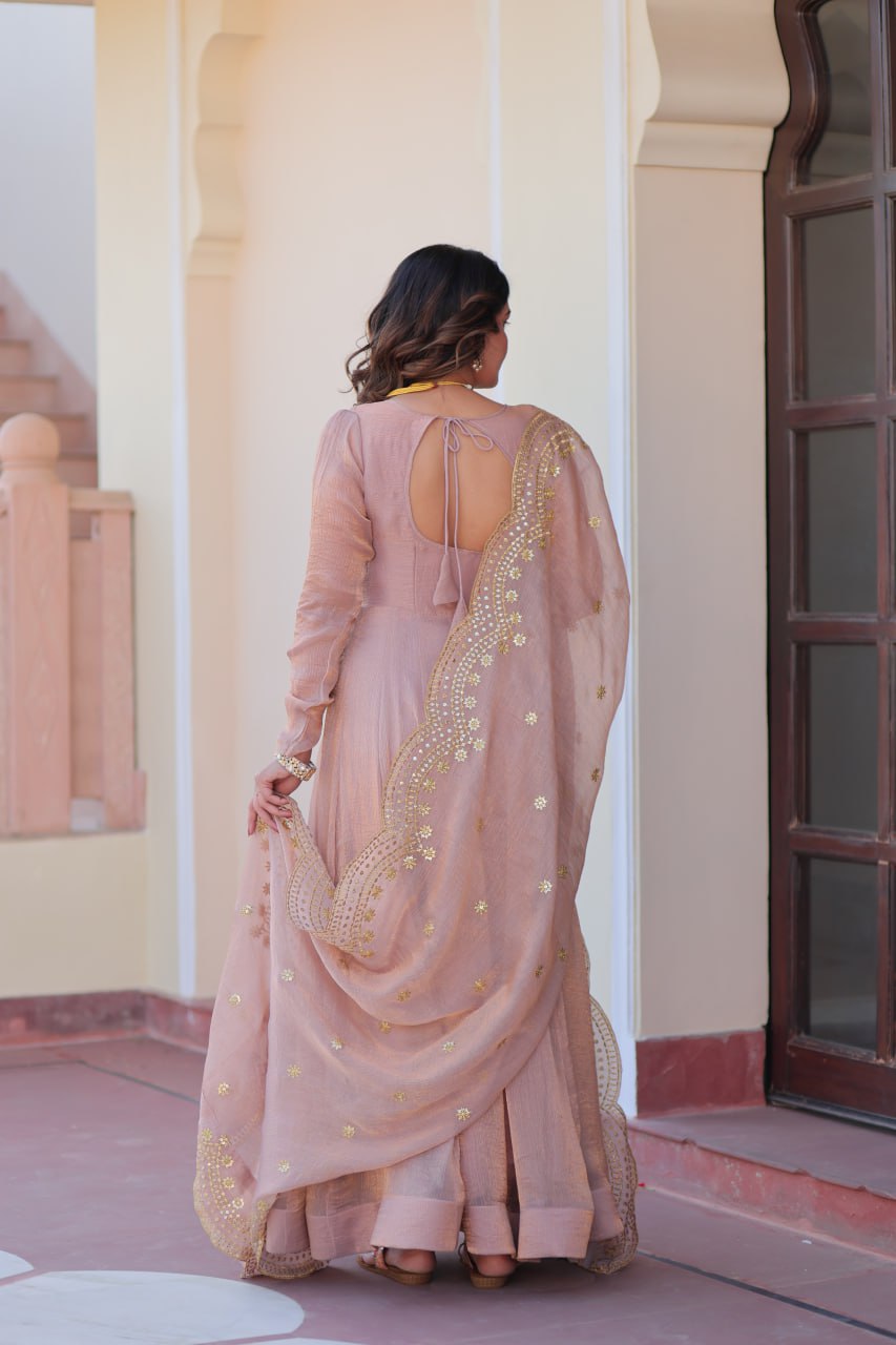 Good Looking Embroidered Work Peach Color Gown