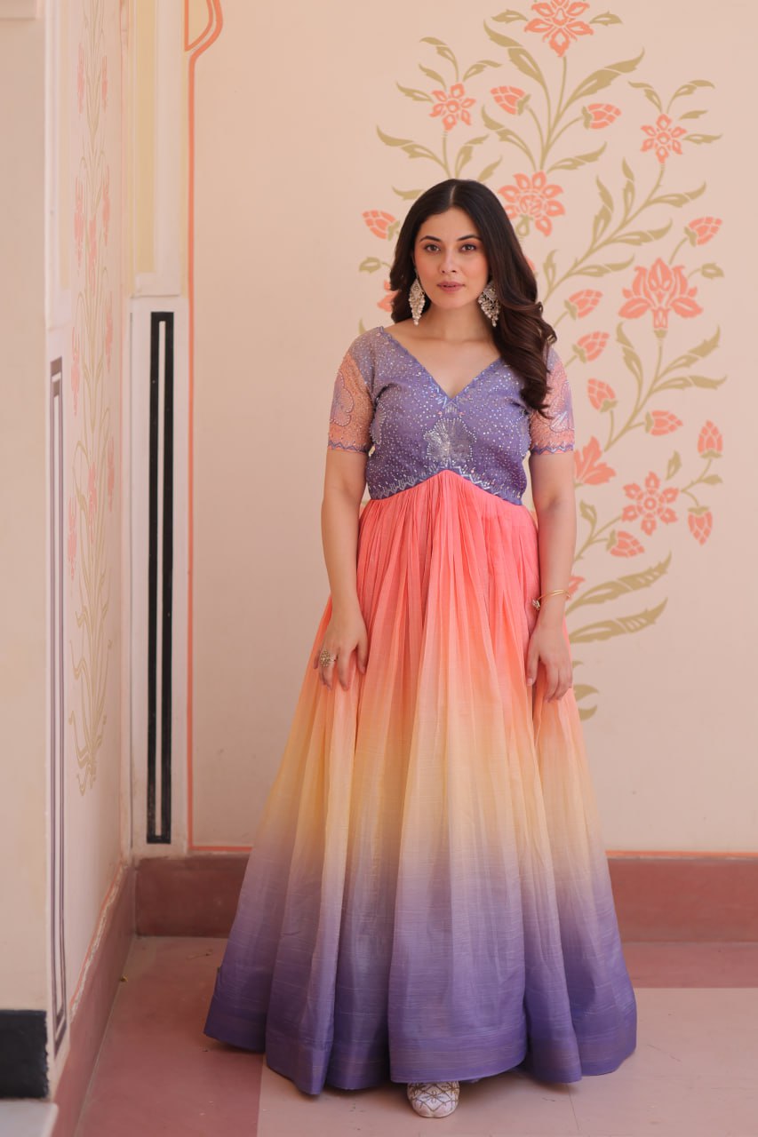Fantastic Embroidered Work Double Shade Lavender Color Gown