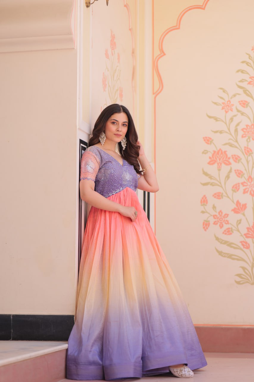 Fantastic Embroidered Work Double Shade Lavender Color Gown