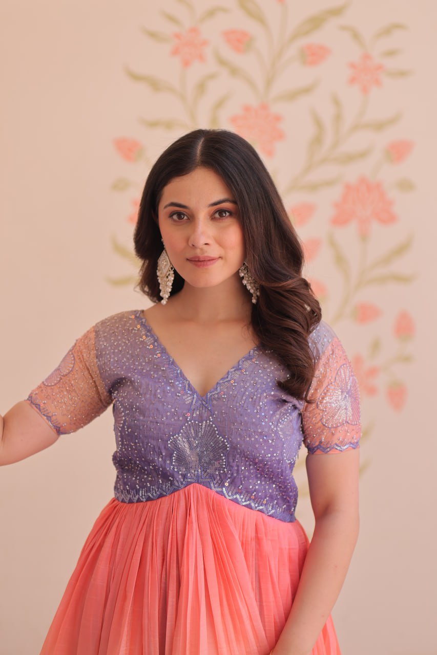 Fantastic Embroidered Work Double Shade Lavender Color Gown