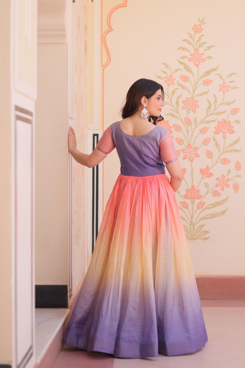 Fantastic Embroidered Work Double Shade Lavender Color Gown