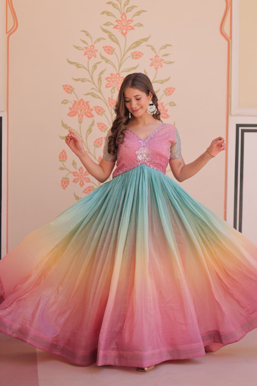 Fantastic Embroidered Work Double Shade Light Pink Color Gown