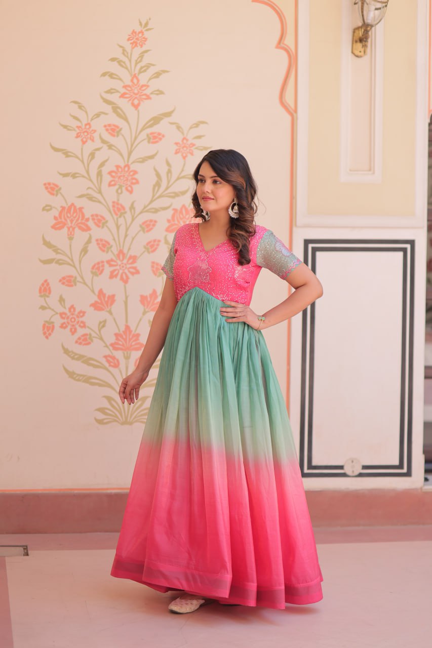Fantastic Embroidered Work Double Shade Pink Color Gown