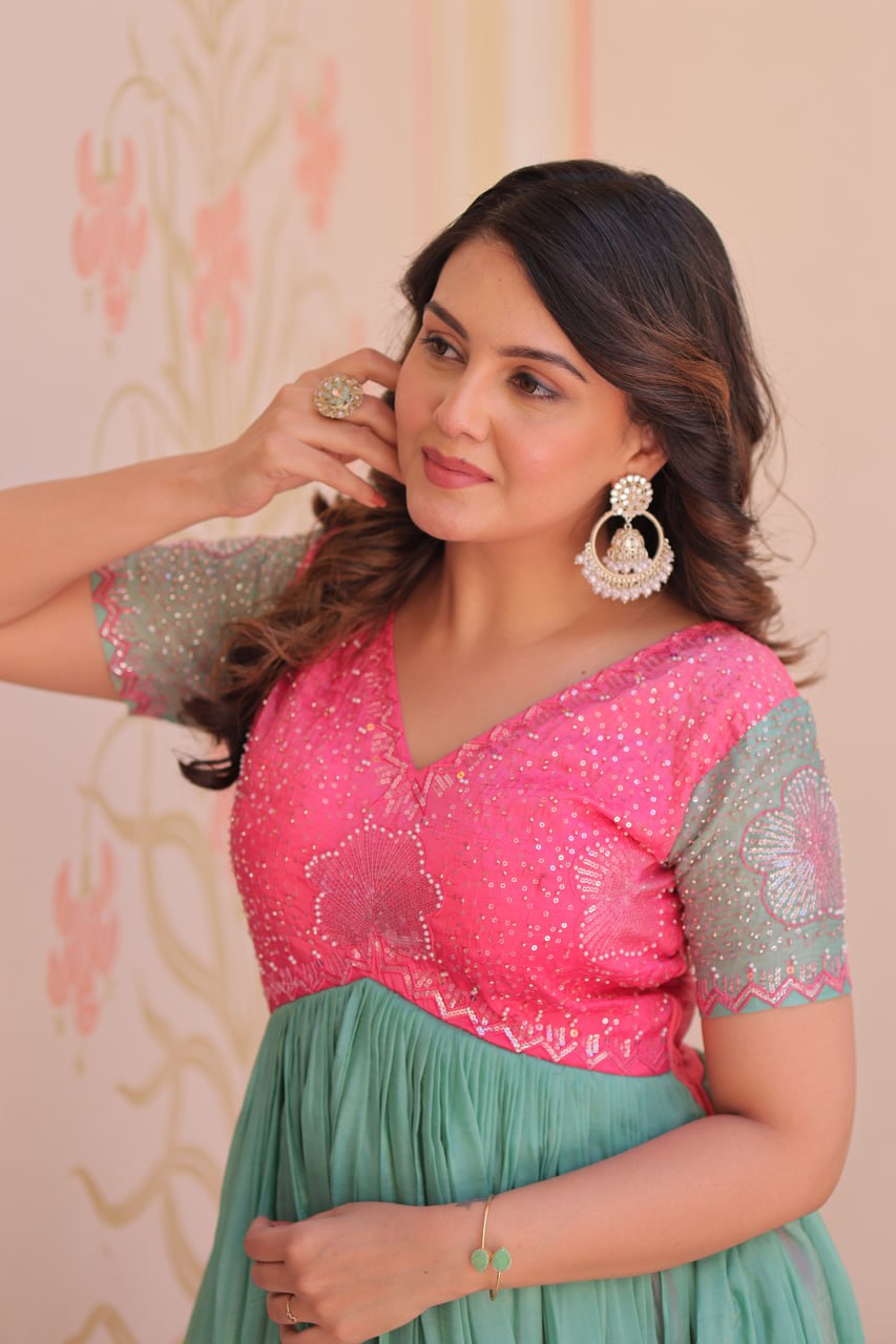 Fantastic Embroidered Work Double Shade Pink Color Gown