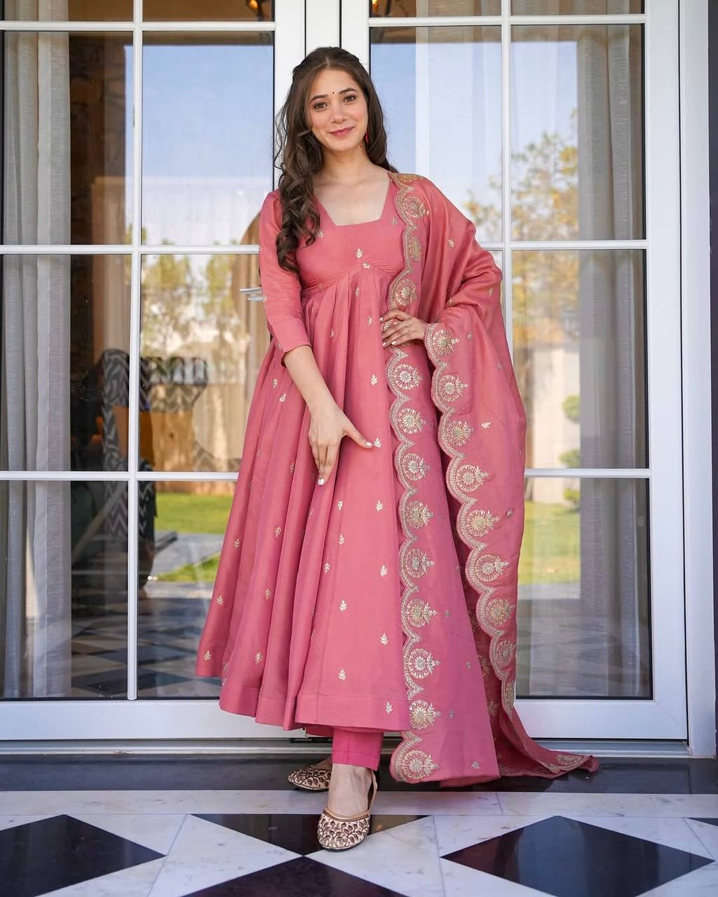 Outstanding Embroidery Work Pink Color Gown