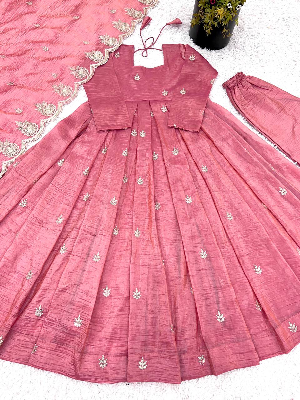 Outstanding Embroidery Work Pink Color Gown