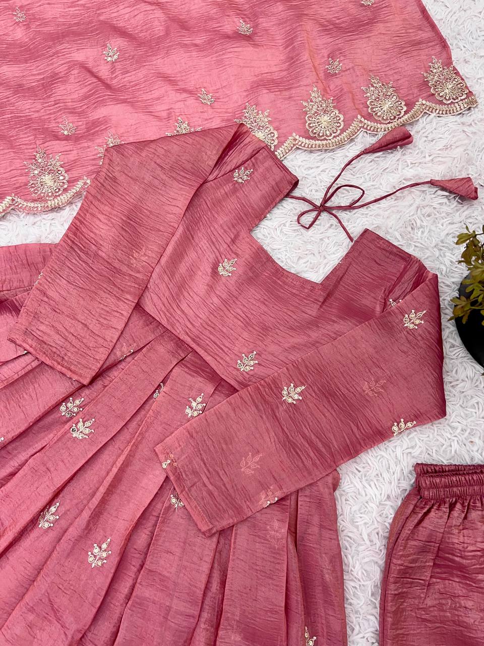 Outstanding Embroidery Work Pink Color Gown