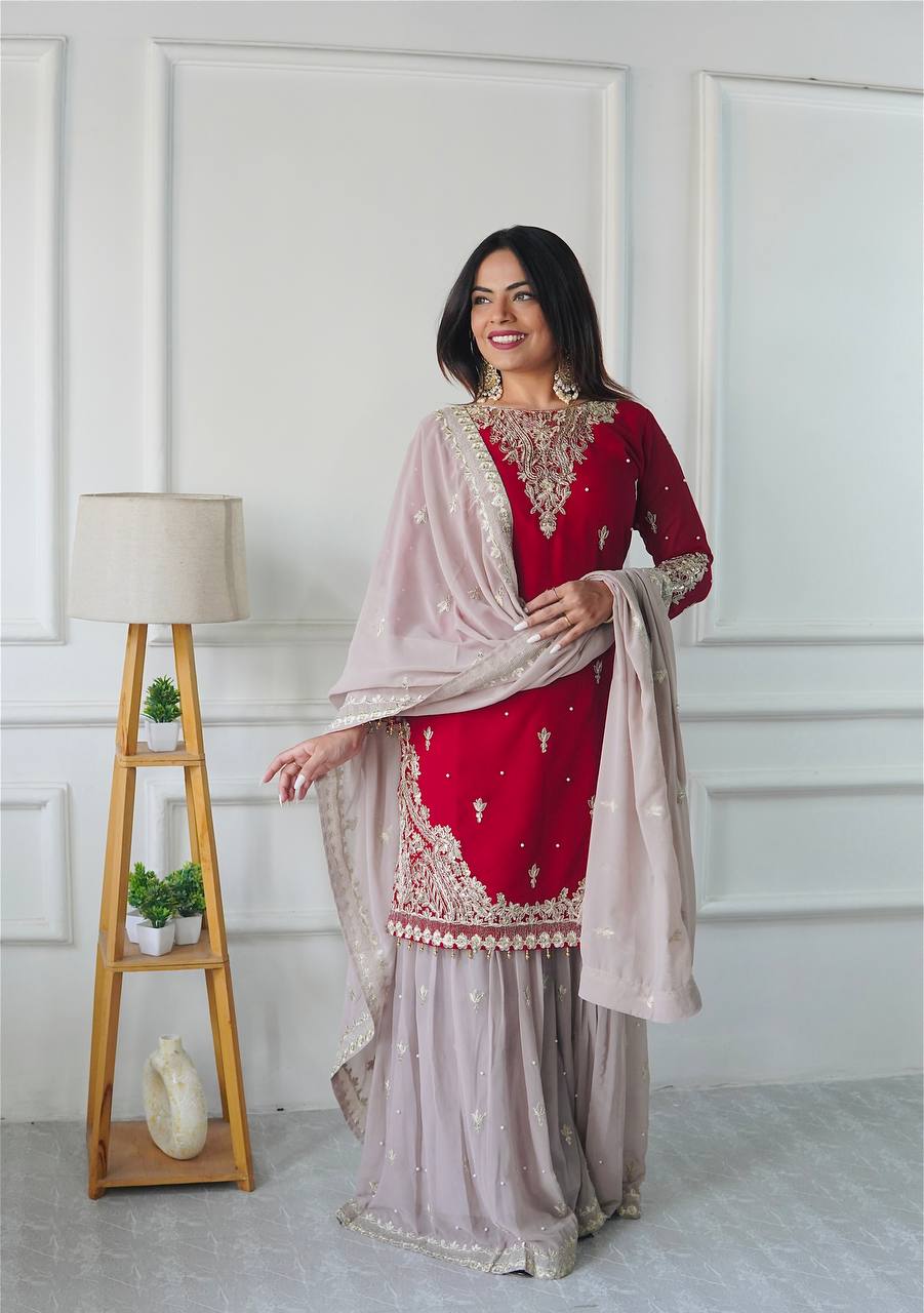 Attractive Embroidery Heavy Work Red Color Sharara Suit