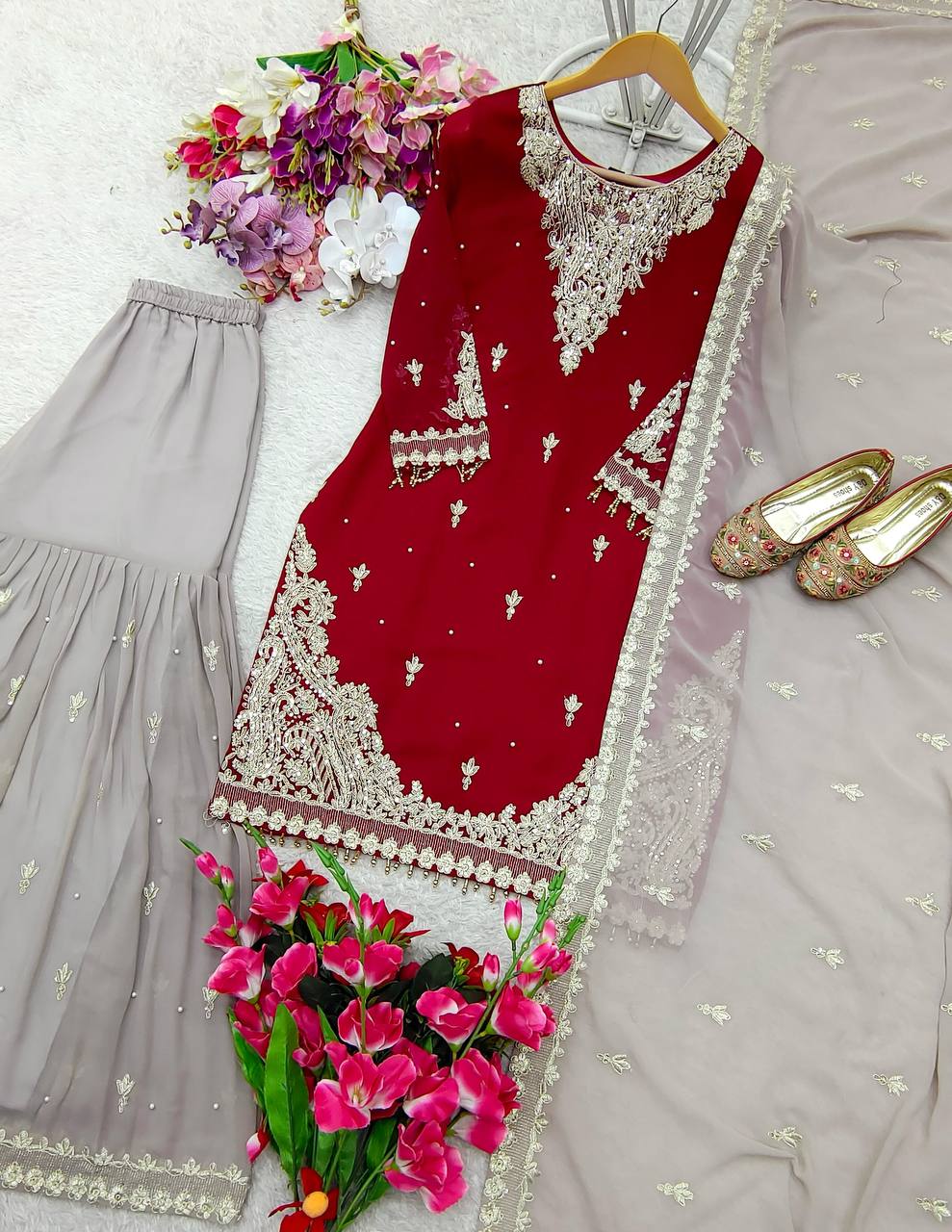 Attractive Embroidery Heavy Work Red Color Sharara Suit