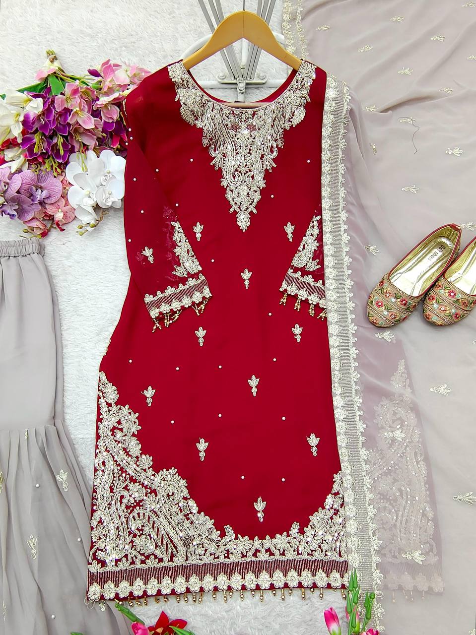 Attractive Embroidery Heavy Work Red Color Sharara Suit