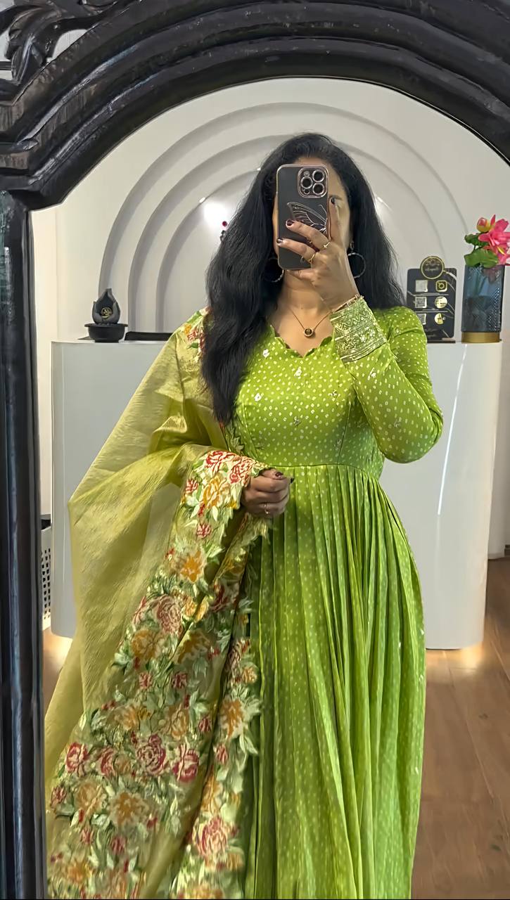 Beautiful Chinon Silk Green Color Gown