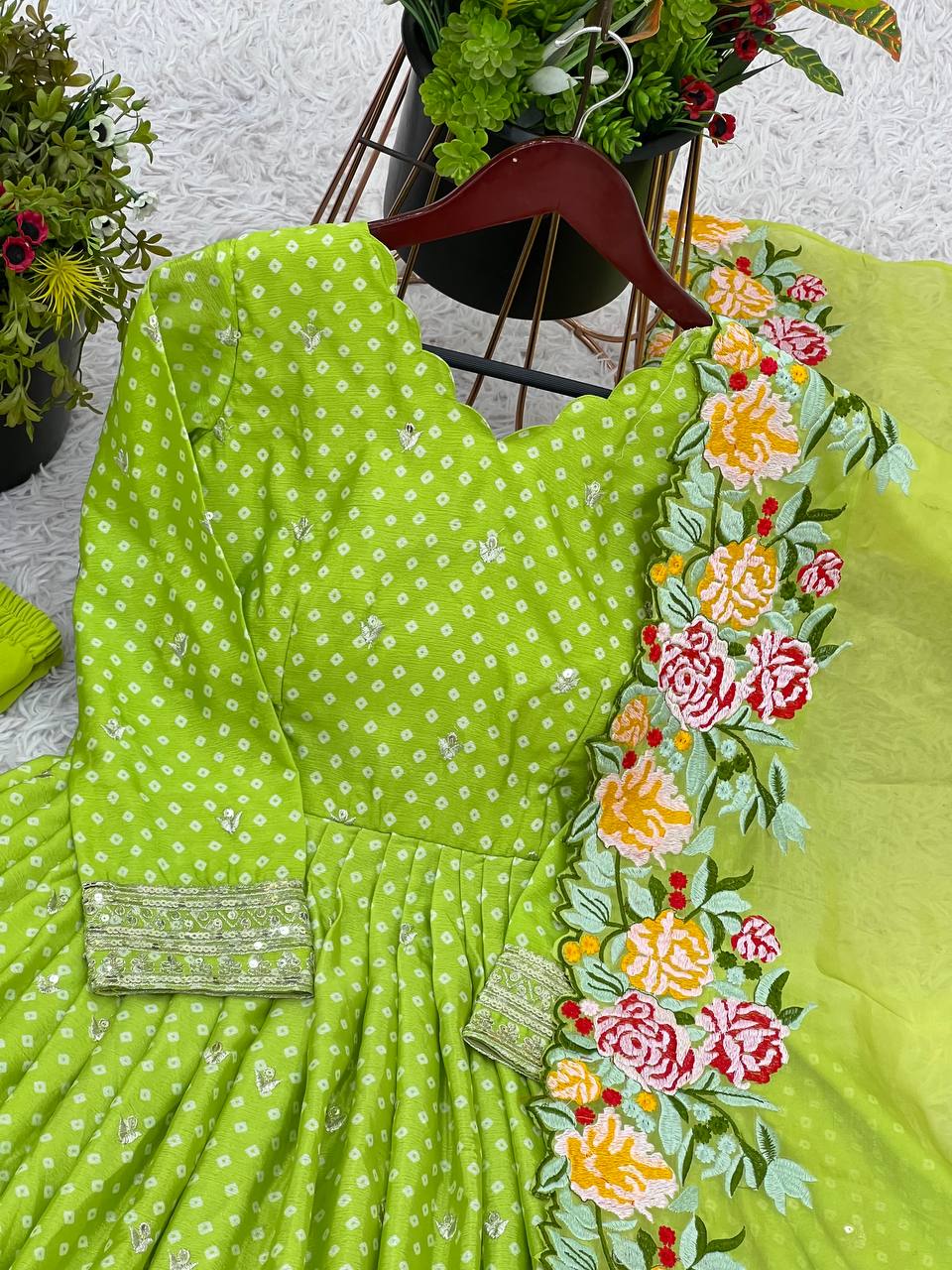 Beautiful Chinon Silk Green Color Gown