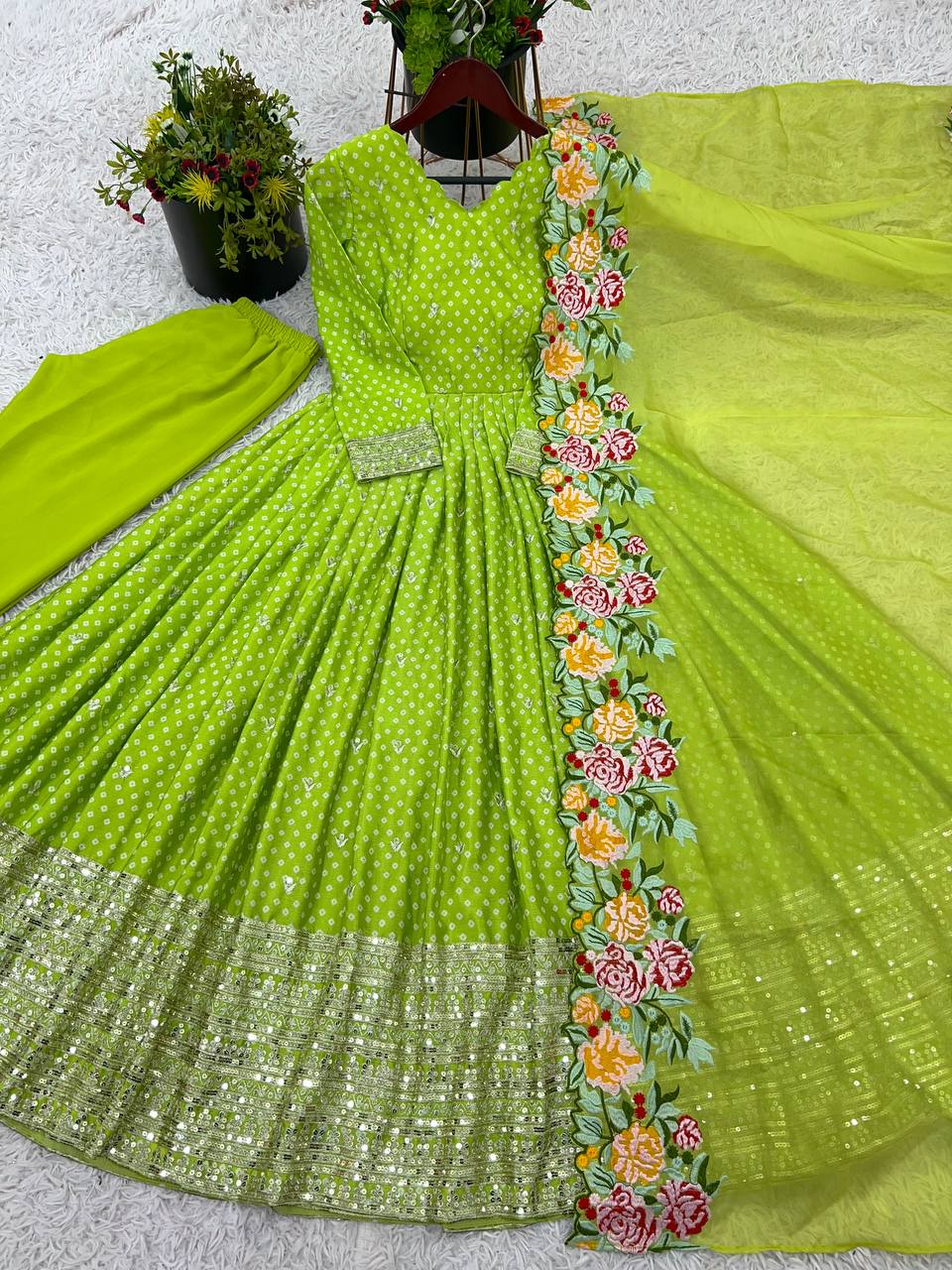 Beautiful Chinon Silk Green Color Gown