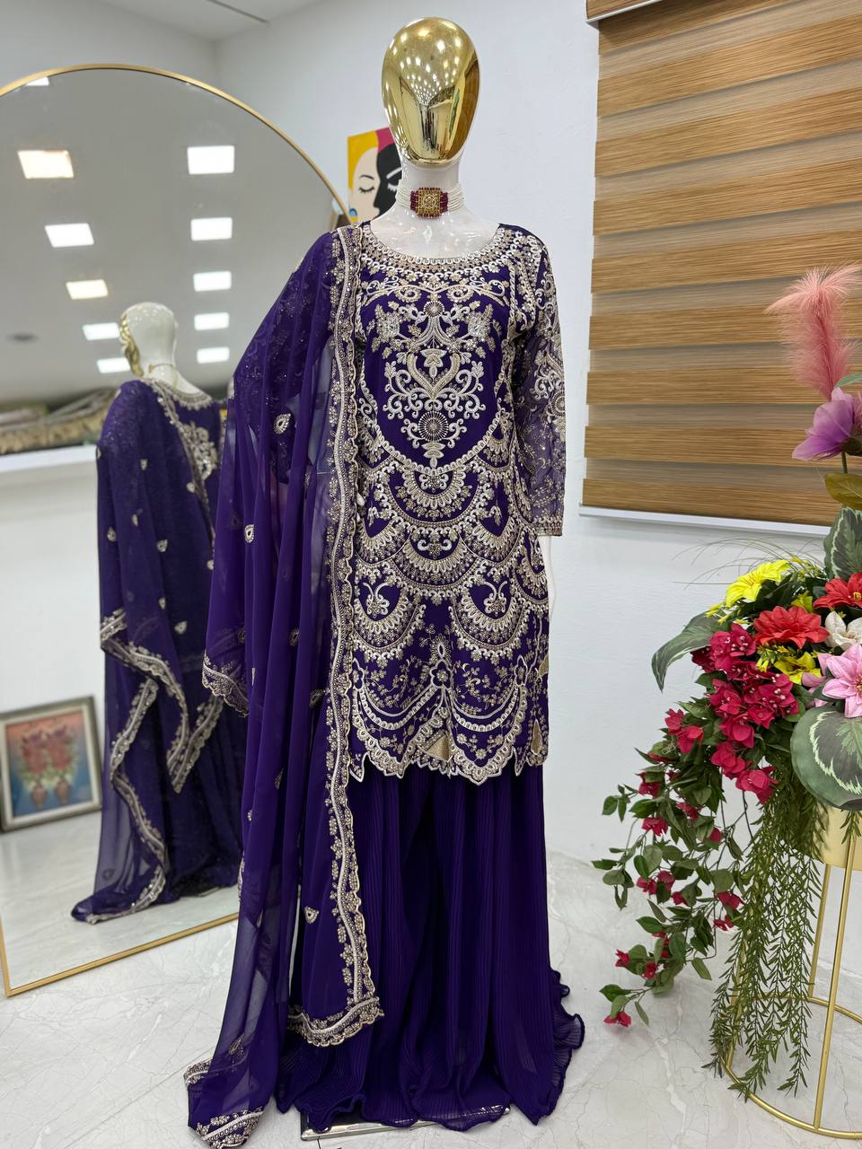 Designer Heavy Work Navy Blue Color Palazzo Suit