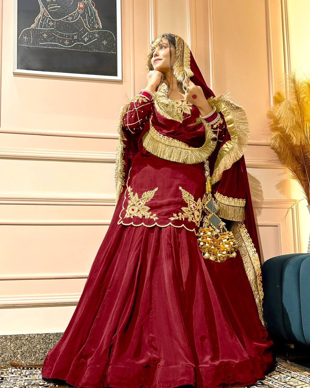 Function Wear Bids Hand Work Red Color Top With Lehenga