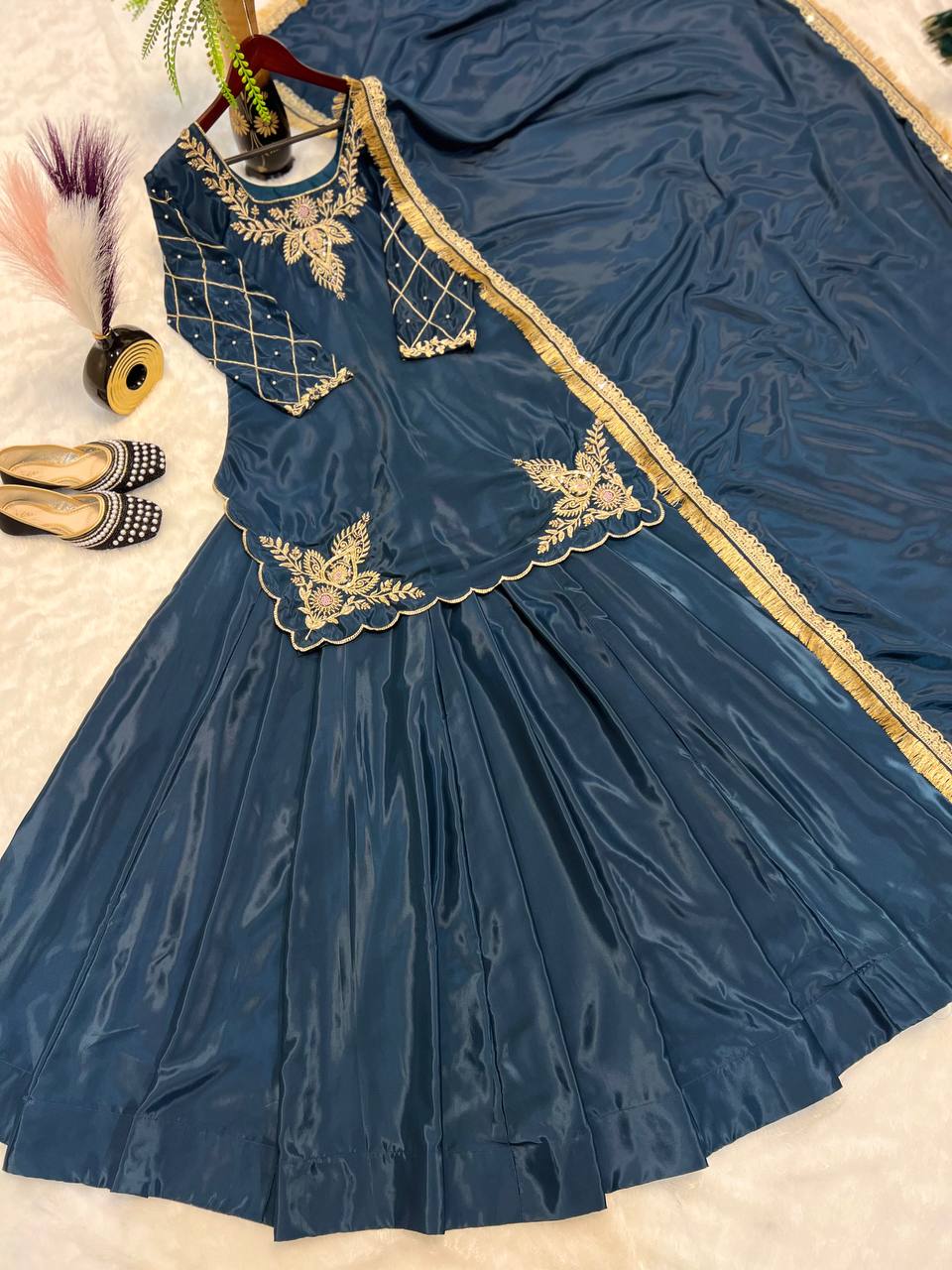 Function Wear Bids Hand Work Navy Blue Color Top With Lehenga