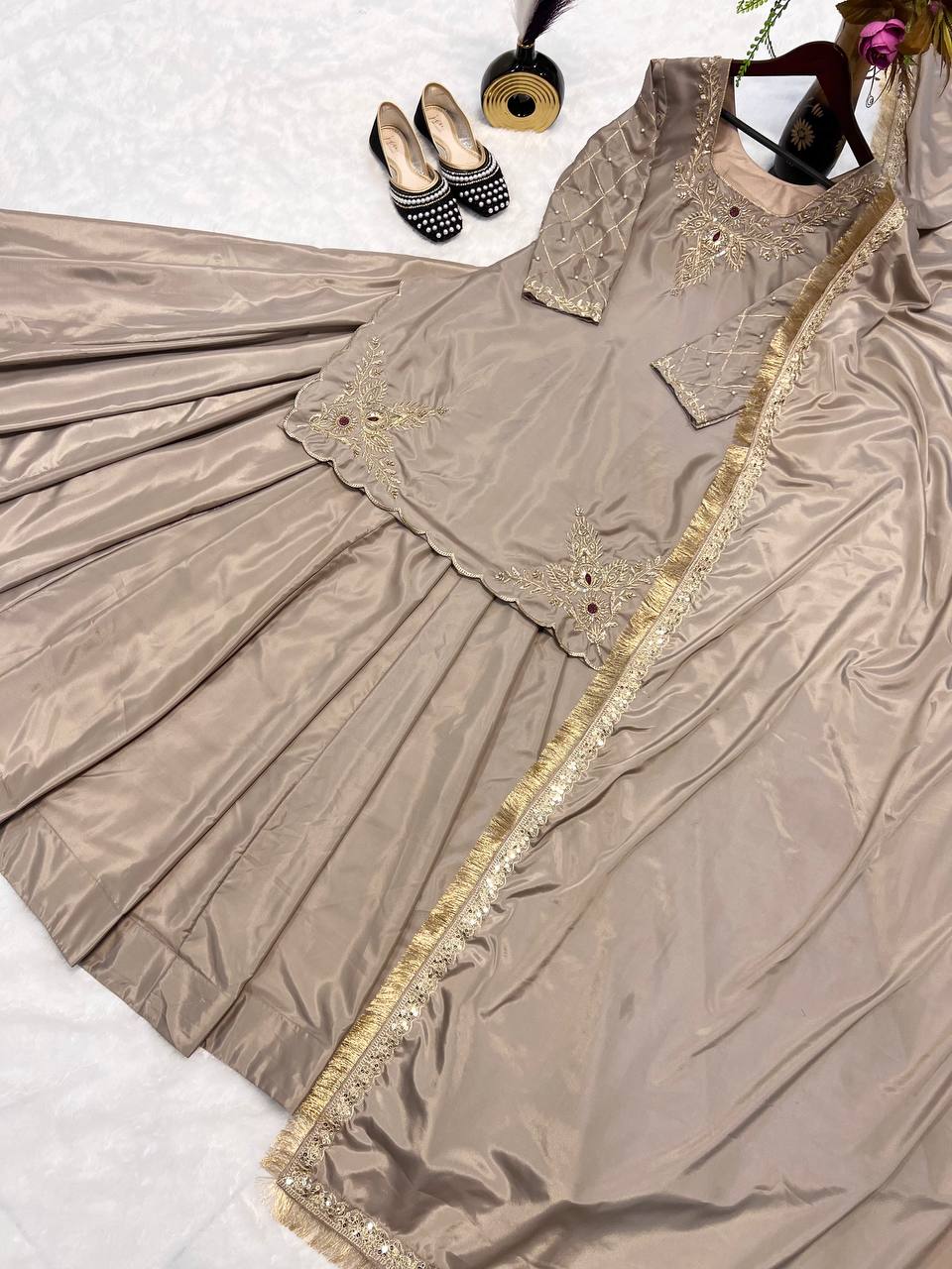 Function Wear Bids Hand Work Beige Color Top With Lehenga
