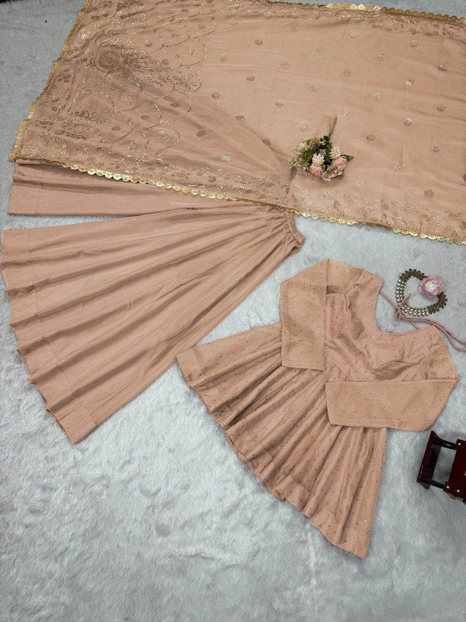 Beautiful Organza Beige Color Palazzo Suit