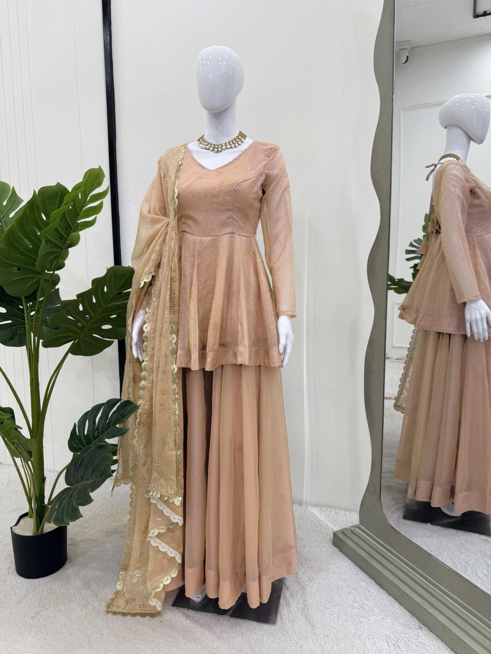 Beautiful Organza Beige Color Palazzo Suit