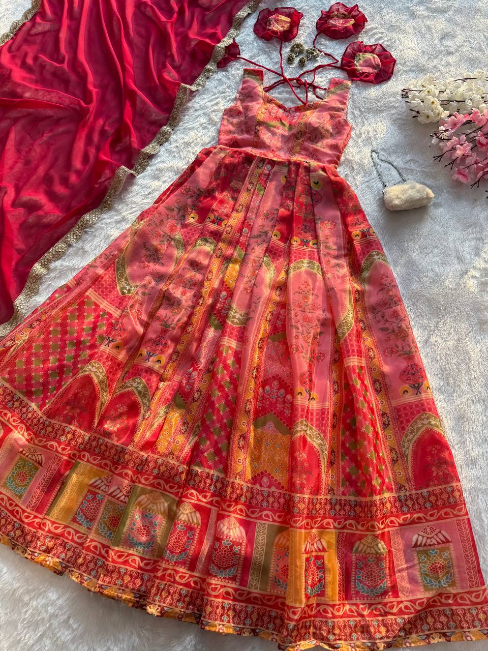 Attractive Silk Digital Printed Multicolor Anarkali Gown