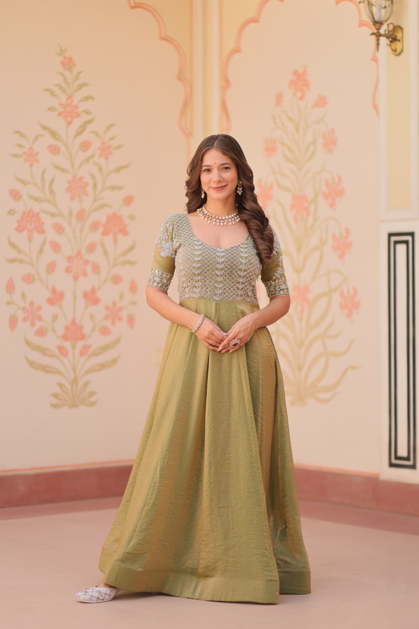 Exclusive Embroidered Work Mehndi Color Gown