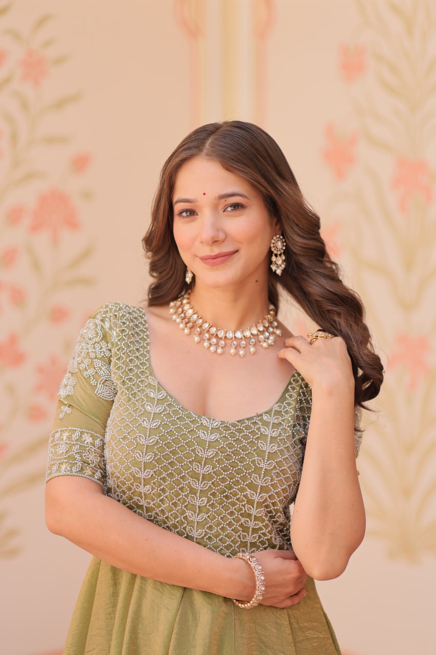 Exclusive Embroidered Work Mehndi Color Gown