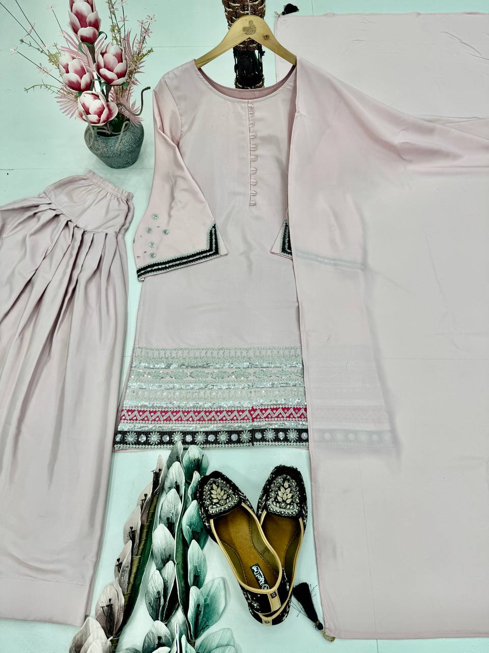 Exclusive Embroidered Work Light Pink Color Palazzo Suit