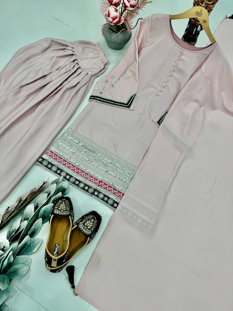 Exclusive Embroidered Work Light Pink Color Palazzo Suit