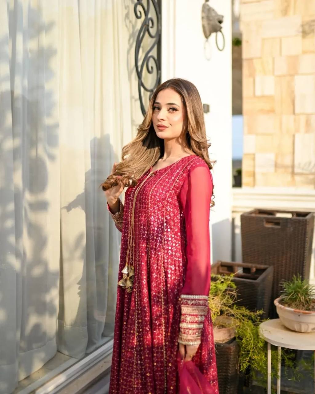 Good Looking Embroidery Work Pink Color Gown