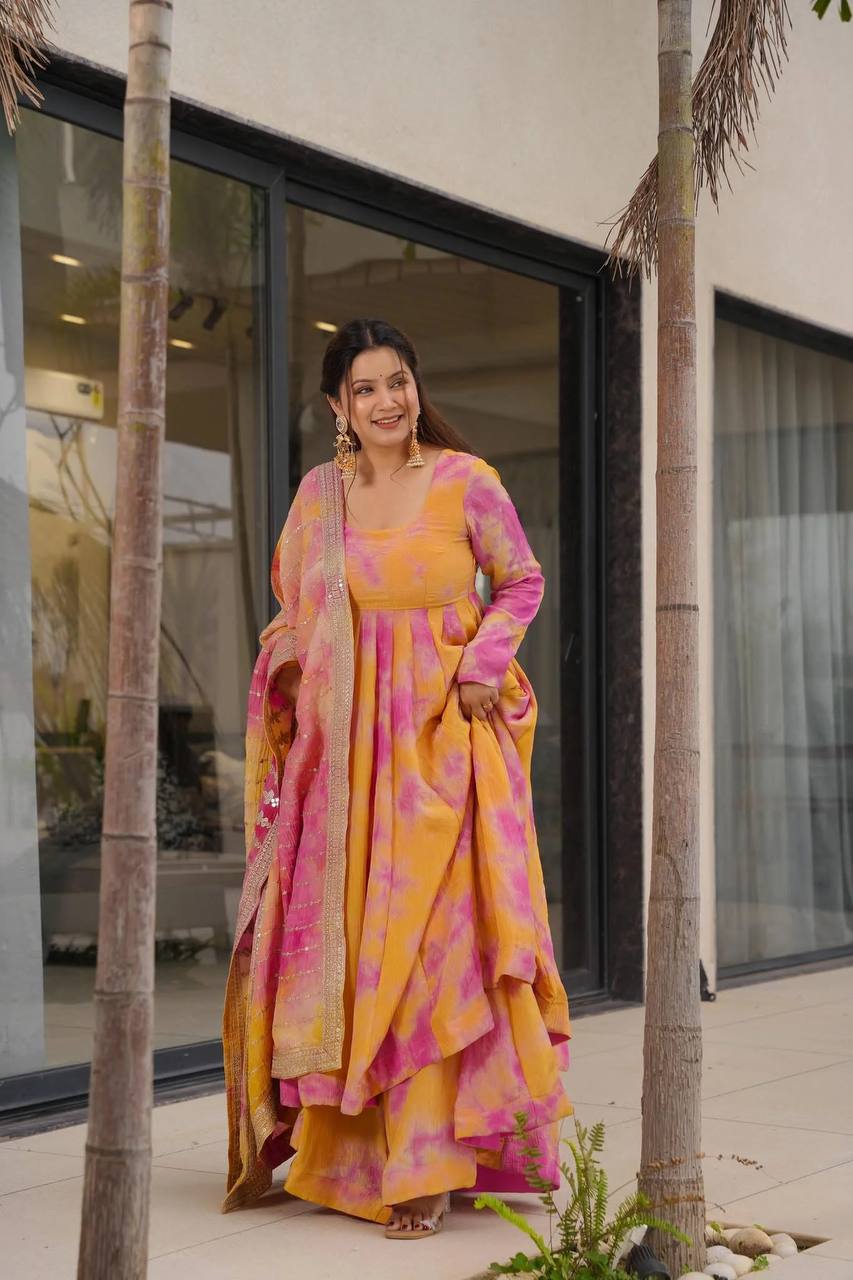 Beautiful Digital Print Orange With Pink Color Gown