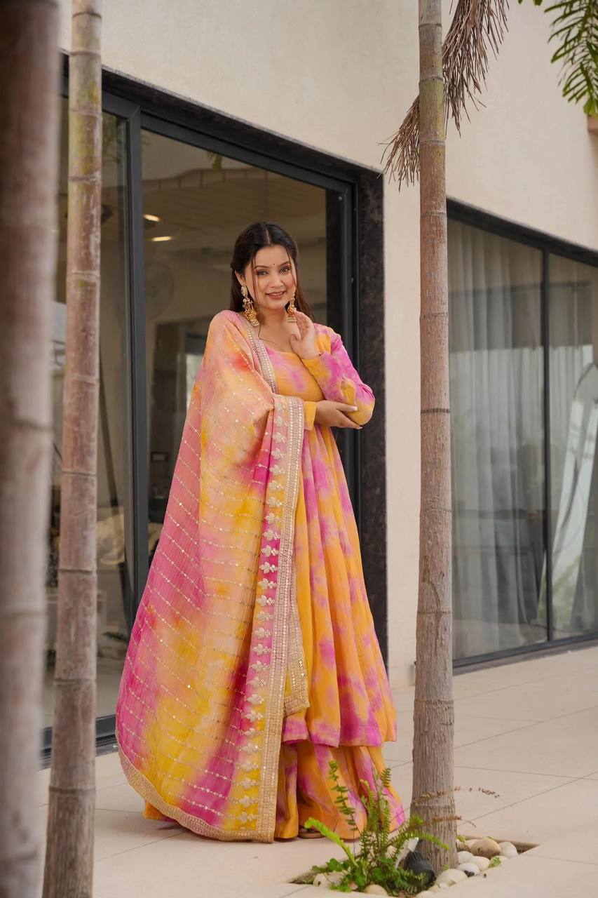 Beautiful Digital Print Orange With Pink Color Gown
