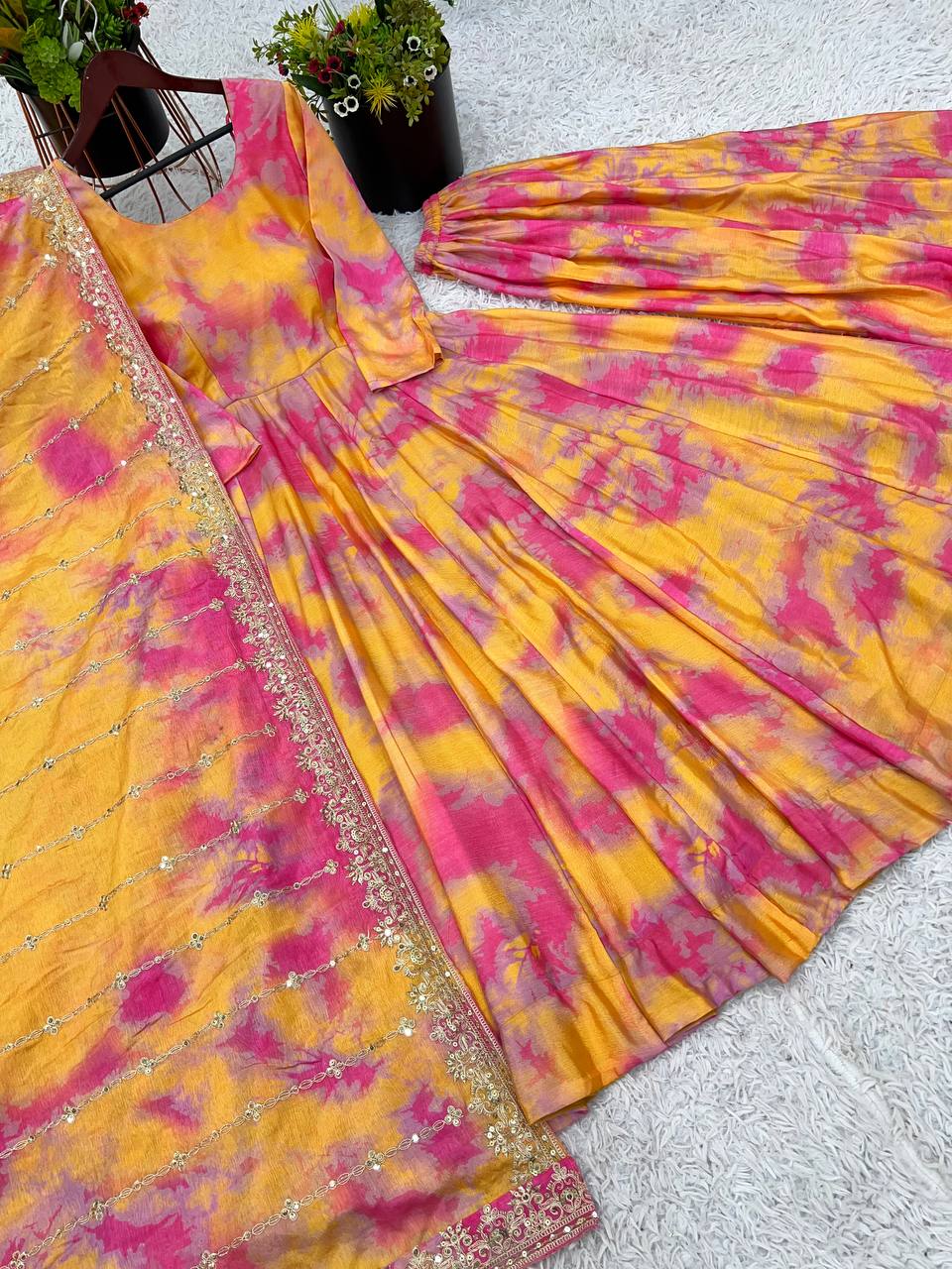 Beautiful Digital Print Orange With Pink Color Gown