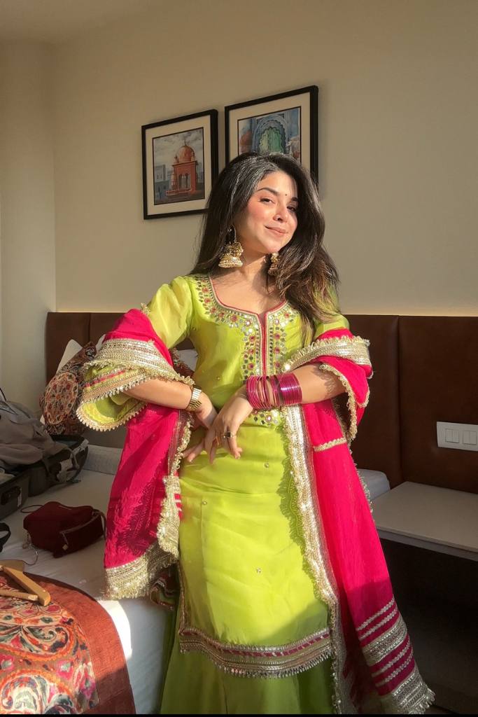 Exclusive Embroidered Work Green Color Sharara Suit