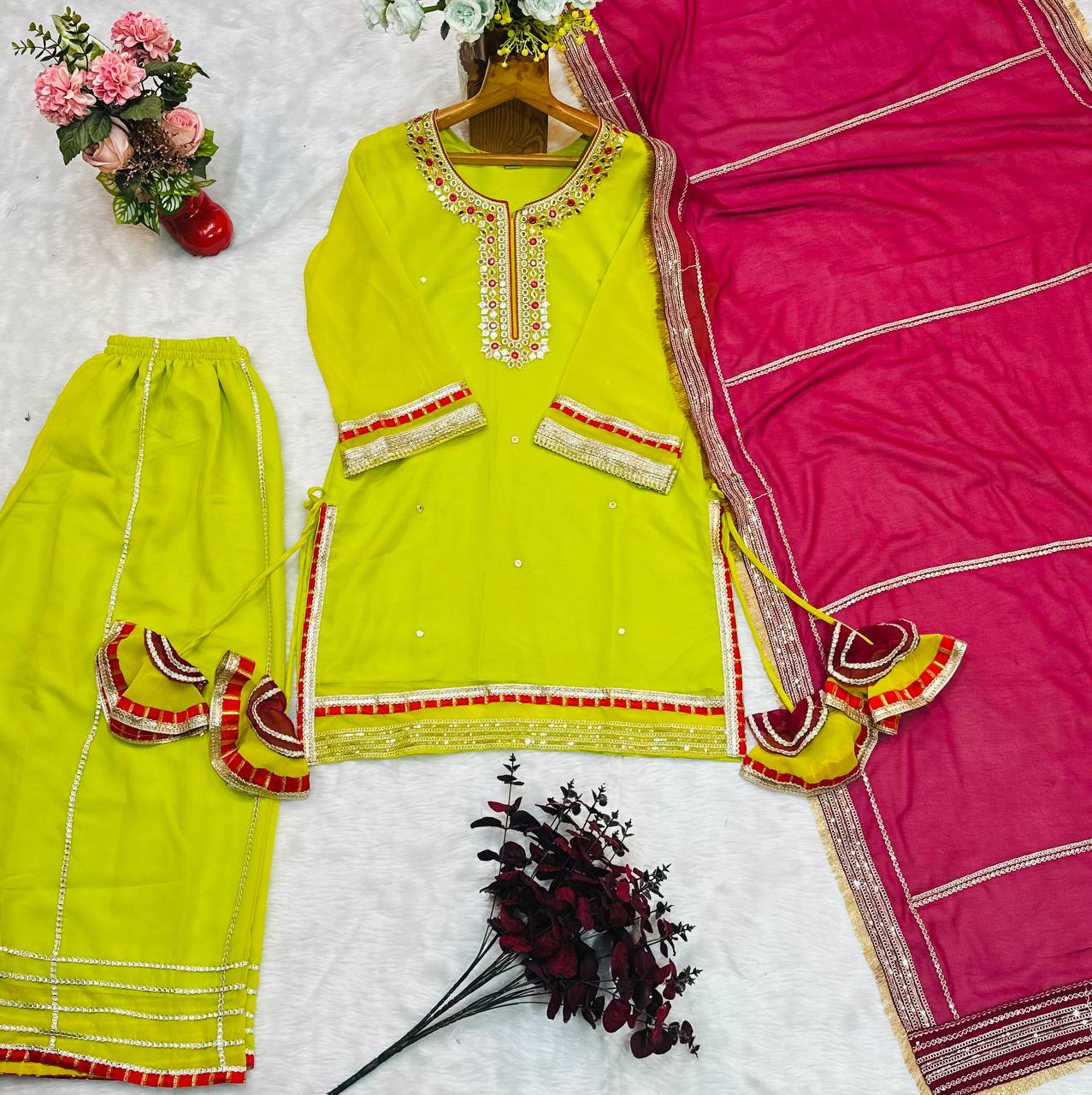 Exclusive Embroidered Work Green Color Sharara Suit