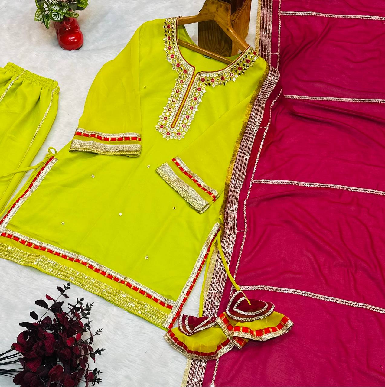Exclusive Embroidered Work Green Color Sharara Suit