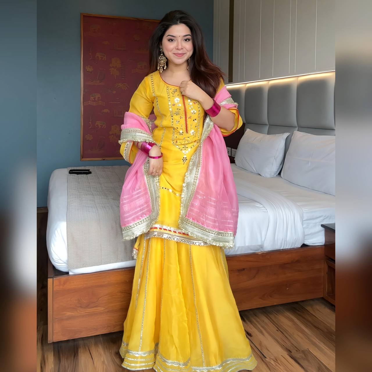 Precious Embroidered work Yellow Color Sharara Suit