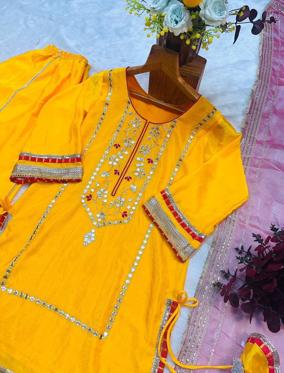 Precious Embroidered work Yellow Color Sharara Suit