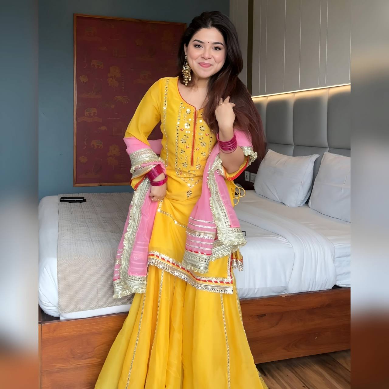 Precious Embroidered work Yellow Color Sharara Suit